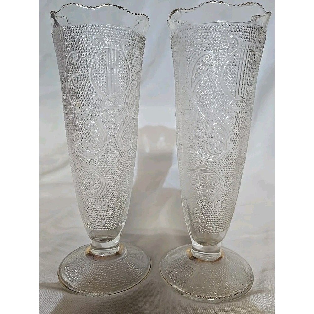 Set Of 2 VTG Jeannette Clear Harp & Scroll Glass Bud Vases W/22K Gold Trim